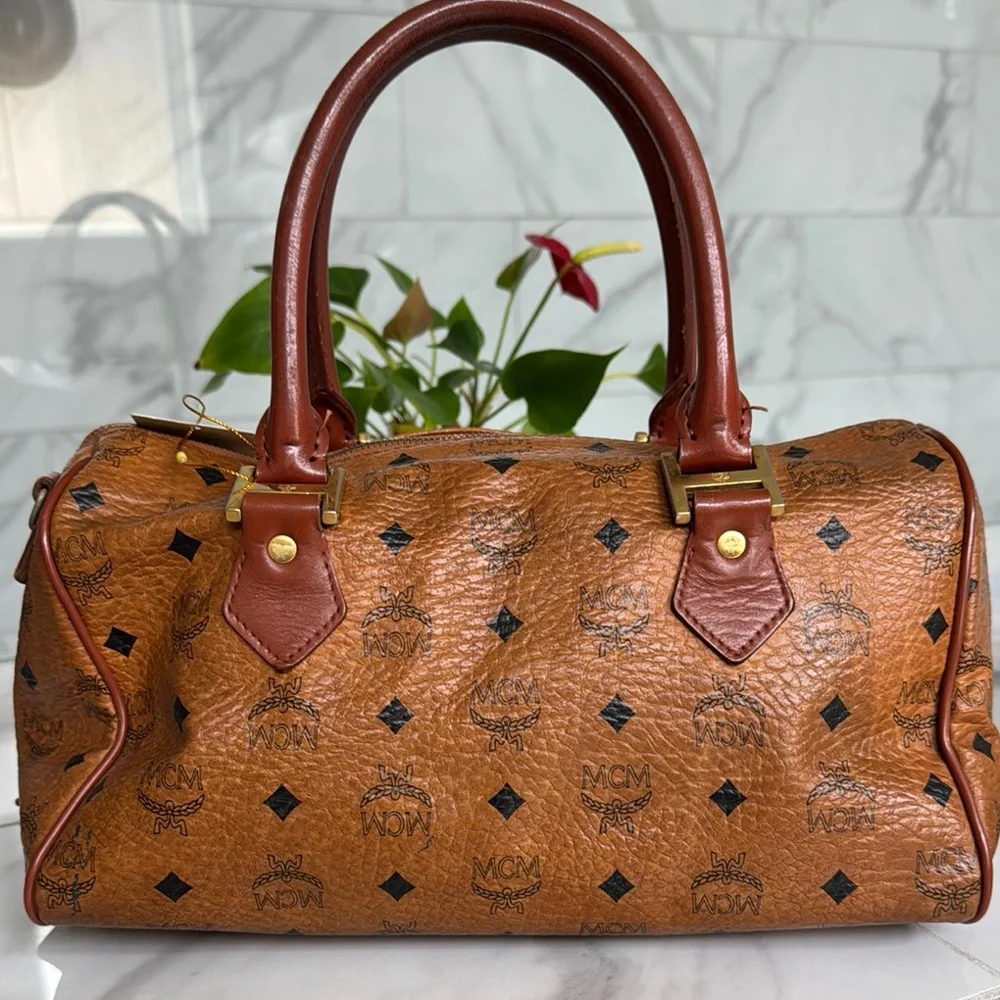 MCM Brown Hand Bag with Signature Logo and Gold Hardware